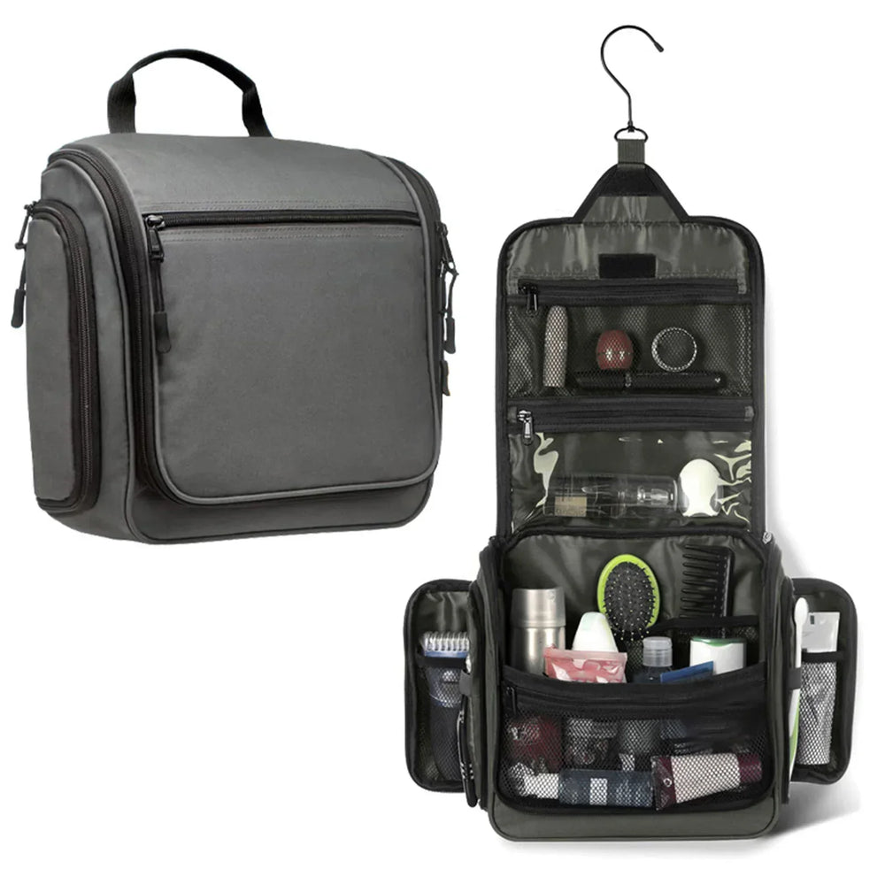 Borsa da toilette grigia con gancio, scomparti multipli, ideale per viaggi. Organizzatore cosmetici, accessori bagno, resistente e compatta.