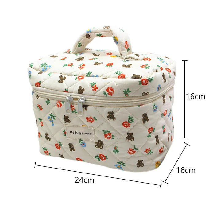 Borsa termica trapuntata con stampa floreale e orsacchiotti, dimensioni 24x16x16 cm, manico superiore, chiusura a zip, ideale per picnic e viaggi.