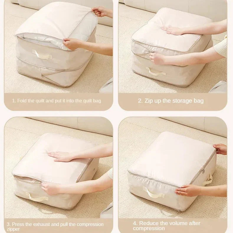 Sacca per compressione sottovuoto, beige, con cerniera, per risparmio spazio. Istruzioni: piega, chiudi, comprimi, riduci volume. Organizzazione casa.