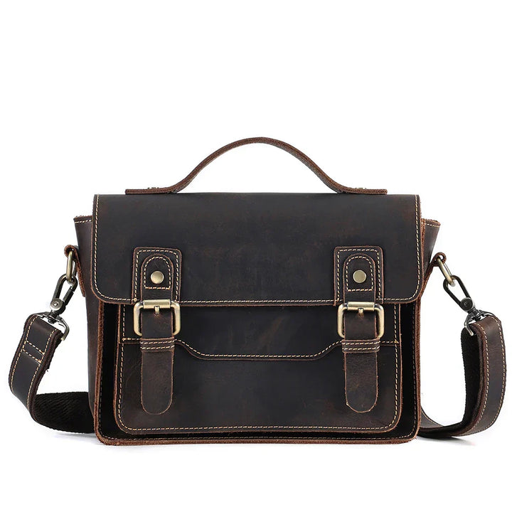 Borsa a tracolla in pelle marrone scuro, design vintage, fibbie in metallo, manico superiore, ideale per uomo, stile retrò elegante.