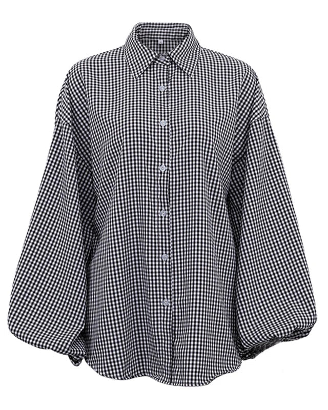 Camicia Donna Oversize Cotone Quadri Maniche a Palloncino Bottoni