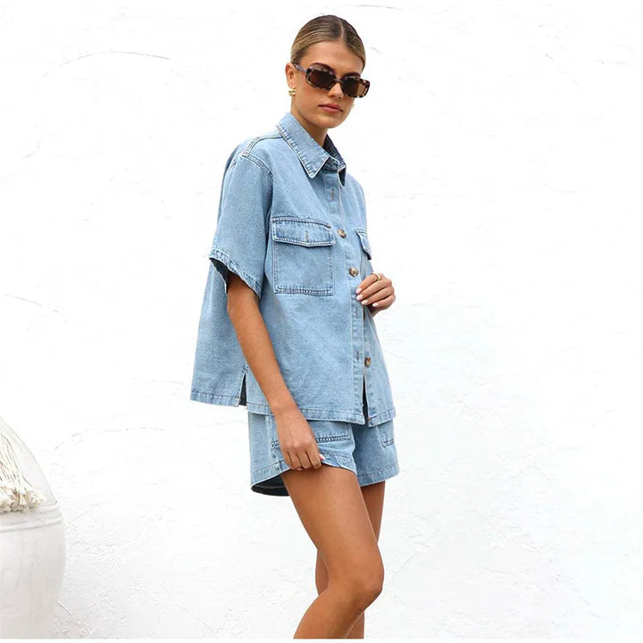 Set Estivo Donna Camicia Cotone Shorts Vita Elastica