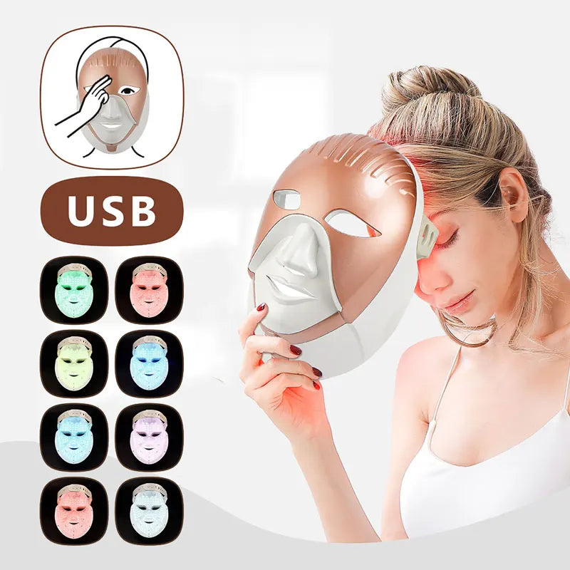Maschera LED per terapia della pelle, ricaricabile USB, con 7 colori per trattamenti viso anti-età e acne. Donna che la indossa.