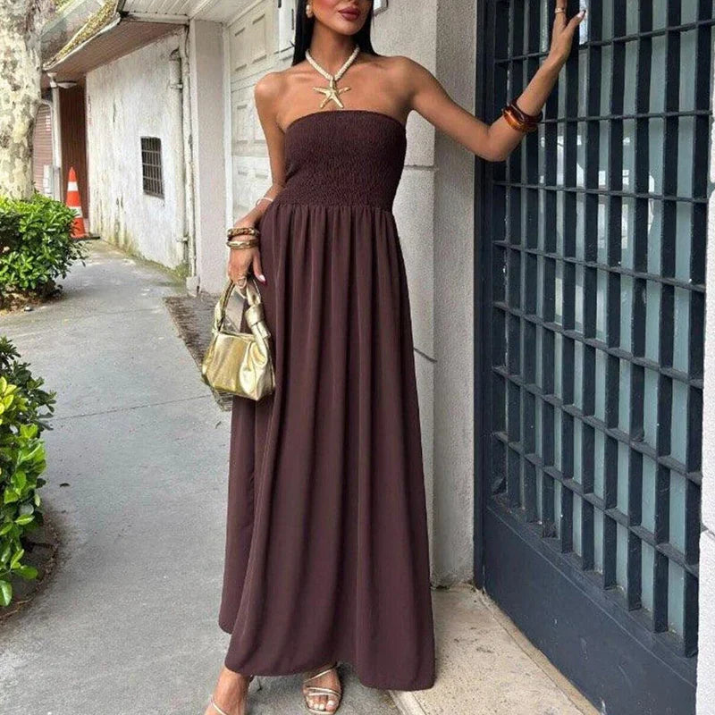 Abito lungo Donna Fluido Senza Spalline Elastico in Vita