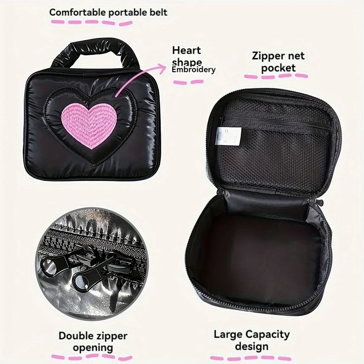 Borsa termica nera con ricamo a cuore rosa, manico portatile, tasca interna a rete, doppia apertura con cerniera, design capiente.
