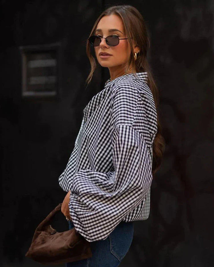Camicia Donna Oversize Cotone Quadri Maniche a Palloncino Bottoni