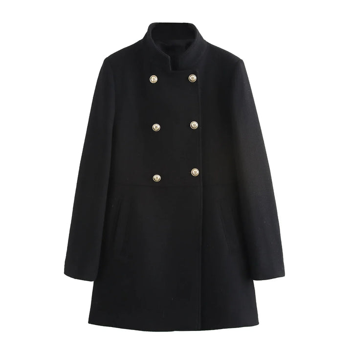Cappotto nero da donna, doppio petto, elegante, con bottoni dorati. Moda invernale, abbigliamento femminile, stile classico.