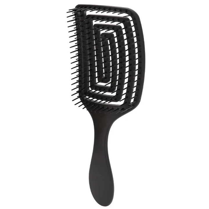 Spazzola per capelli nera con setole flessibili, design ergonomico e manico antiscivolo. Ideale per districare e lisciare tutti i tipi di capelli.