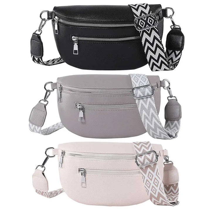 Tre marsupi in ecopelle con cerniere, tracolle regolabili a motivo geometrico: nero, grigio e beige. Accessori moda donna, pratici e versatili.