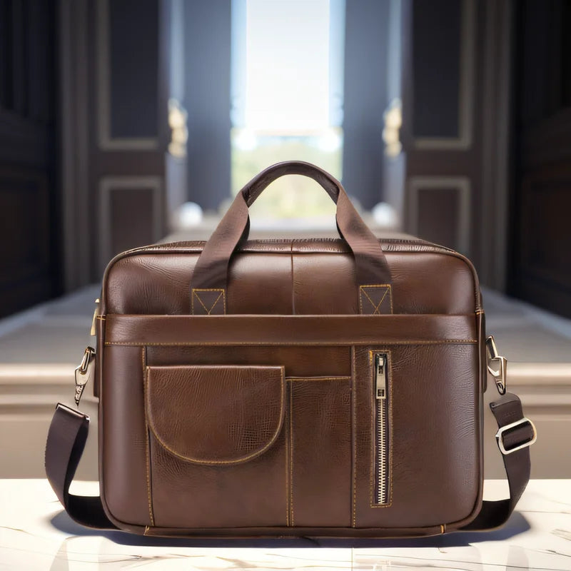 Borsa ventiquattrore in pelle marrone con tasche frontali e tracolla regolabile, posizionata su un tavolo in un ambiente elegante.