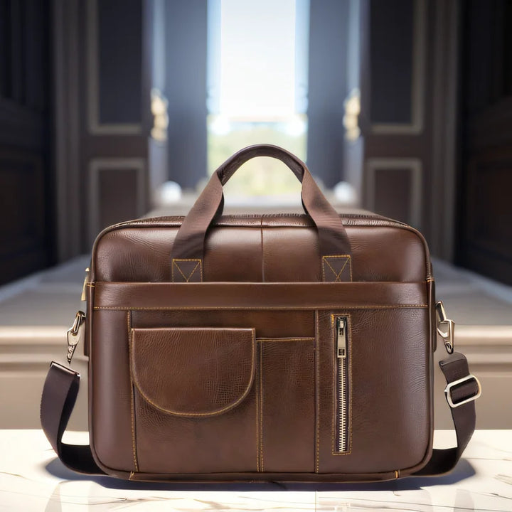 Borsa ventiquattrore in pelle marrone con tasche frontali e tracolla regolabile, posizionata su un tavolo in un ambiente elegante.