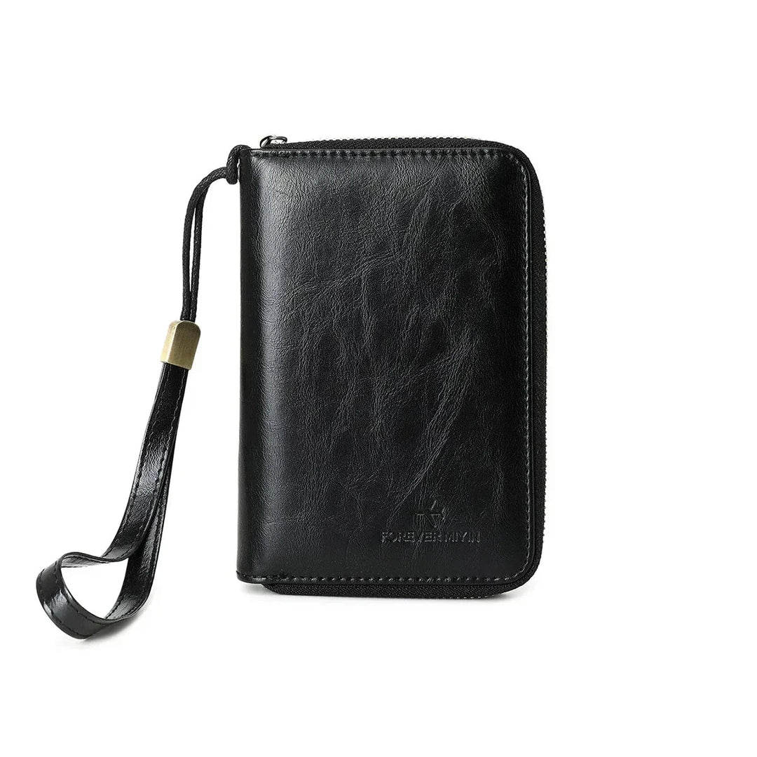 Portafoglio uomo in pelle nera con cerniera e cinturino, design elegante e compatto, accessorio moda maschile, ideale per carte e contanti.