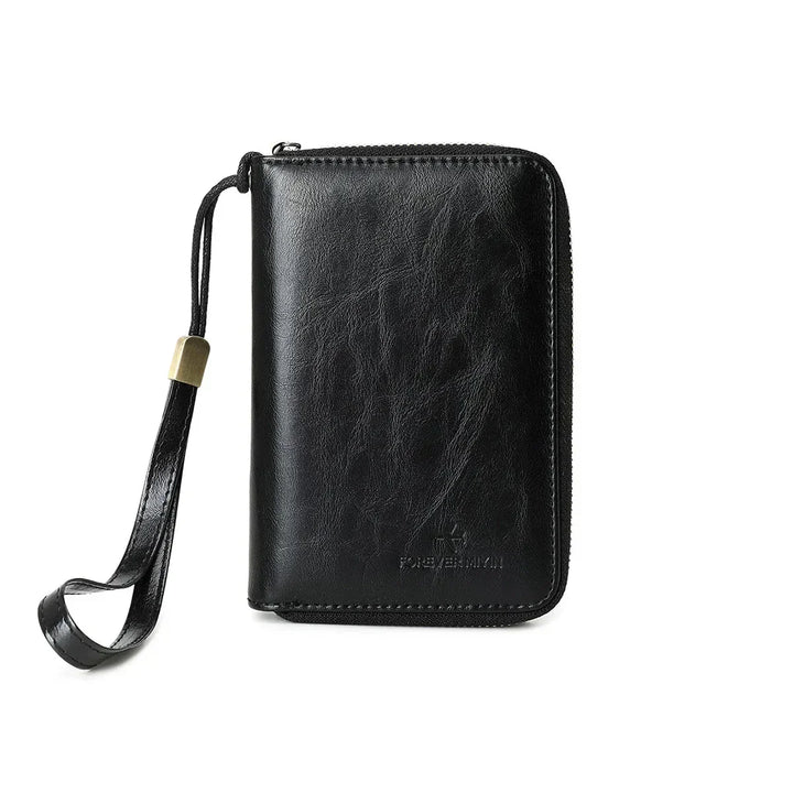Portafoglio uomo in pelle nera con cerniera e cinturino, design elegante e compatto, accessorio moda maschile, ideale per carte e contanti.