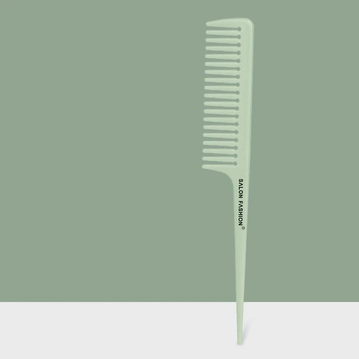 Pettine a coda verde menta, denti larghi, marchio "Salon Fashion", ideale per districare capelli ricci o mossi. Accessorio parrucchiere professionale.