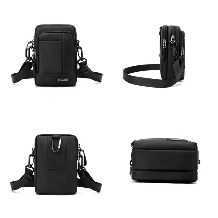 Borsa a tracolla nera in pelle, design compatto e multifunzionale, con tasche multiple e cerniere, ideale per uomo, moda e praticità.