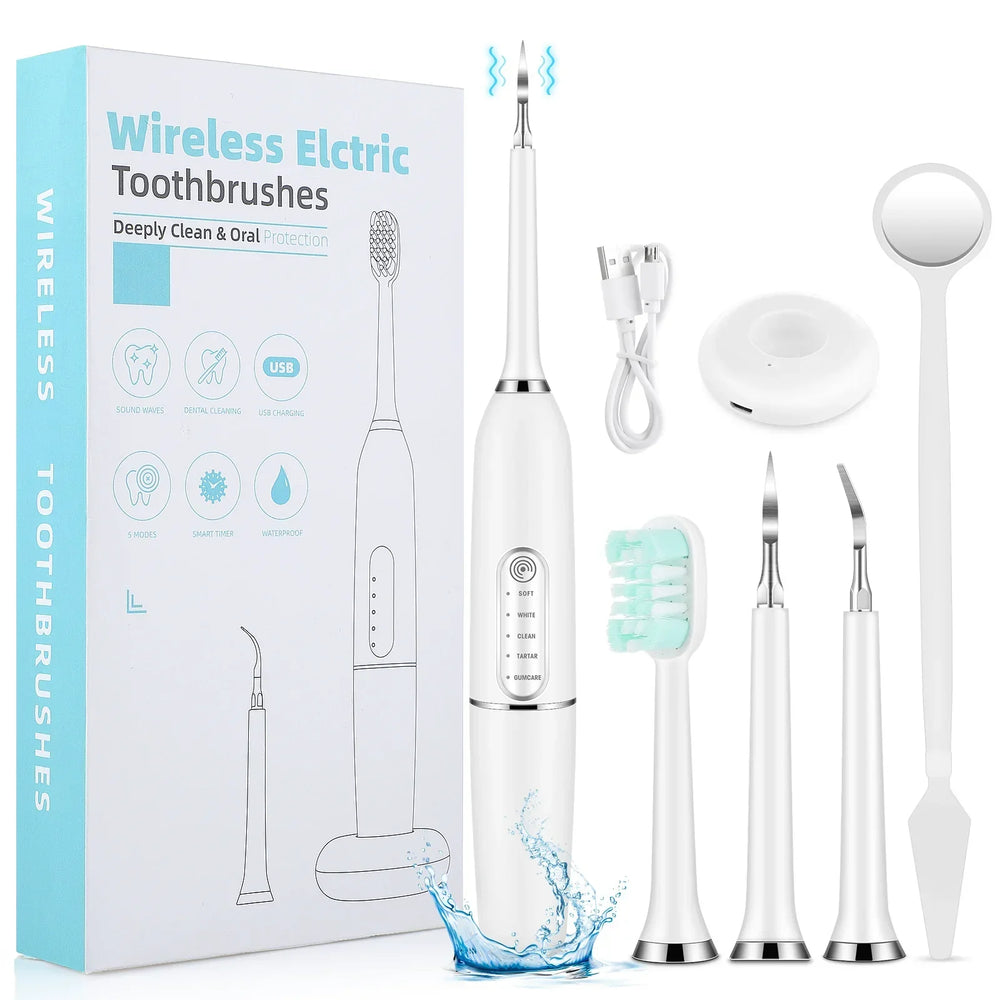 Spazzolino elettrico wireless bianco con accessori, ricarica USB, setole intercambiabili, confezione originale. Pulizia dentale profonda e protezione orale.