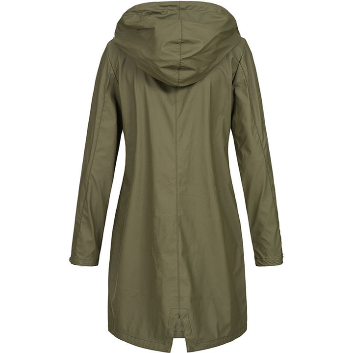 Giacca parka verde oliva da donna con cappuccio, design lungo, impermeabile, ideale per l'autunno e l'inverno. Stile casual e funzionale.