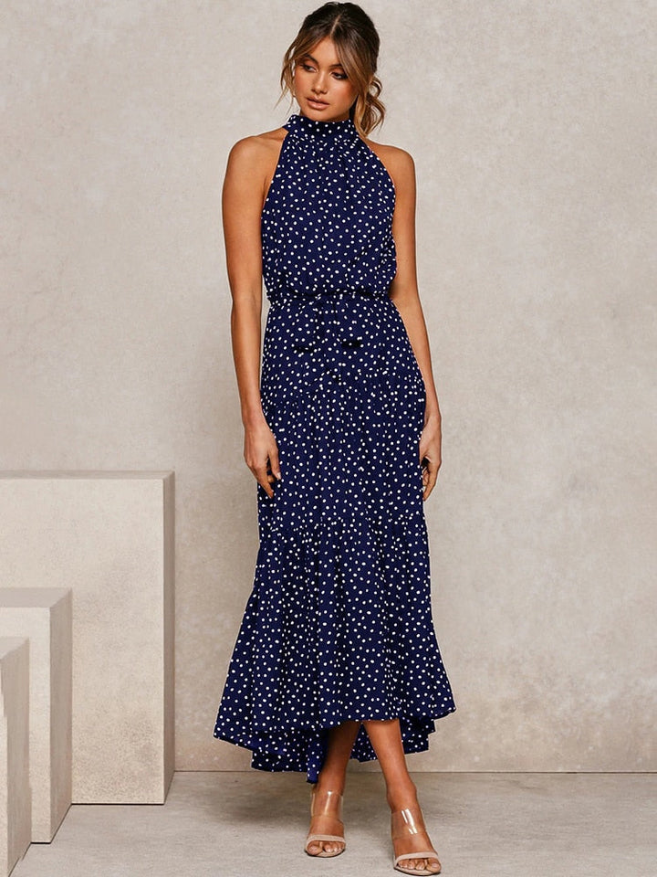 Abito Midi Donna Svasato Tessuto a Pois