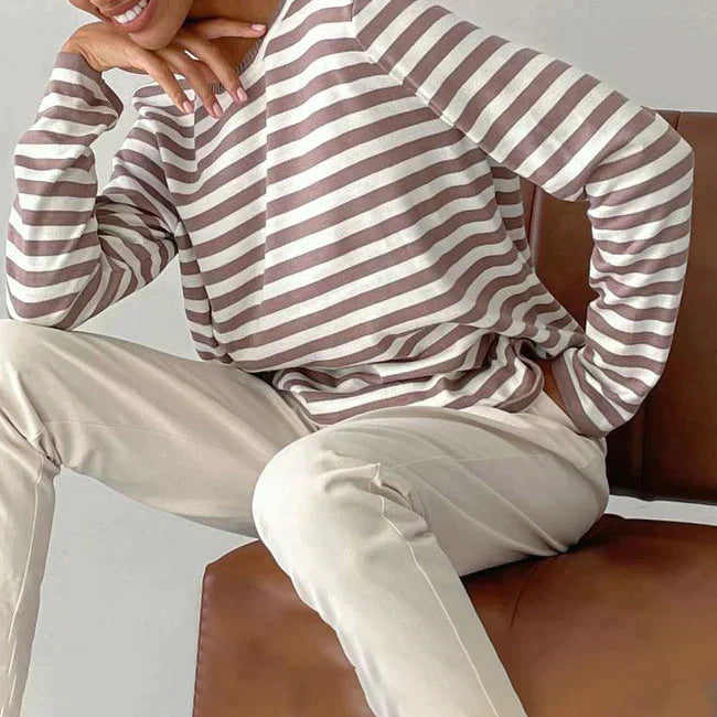 Felpa Donna in Maglia a Righe Manica Lunga Scollo Rotondo Casual