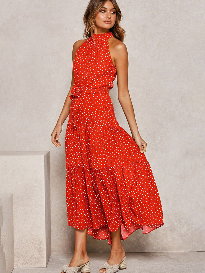Abito Midi Donna Svasato Tessuto a Pois