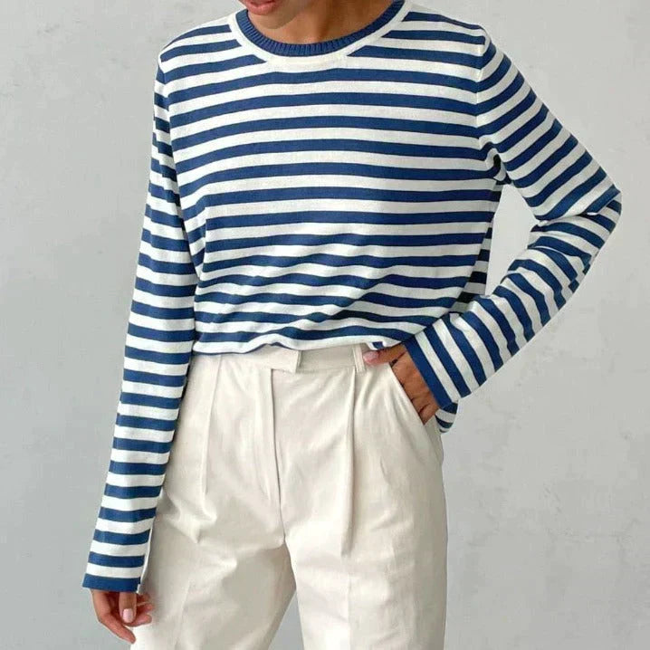 Felpa Donna in Maglia a Righe Manica Lunga Scollo Rotondo Casual