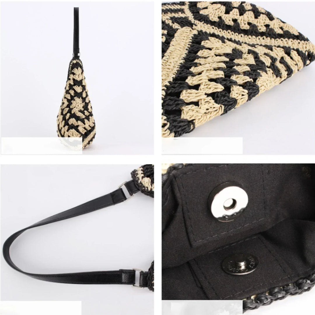 Borsa a tracolla in paglia intrecciata, design geometrico nero e beige, chiusura a bottone magnetico, manico in pelle nera, moda estiva donna.