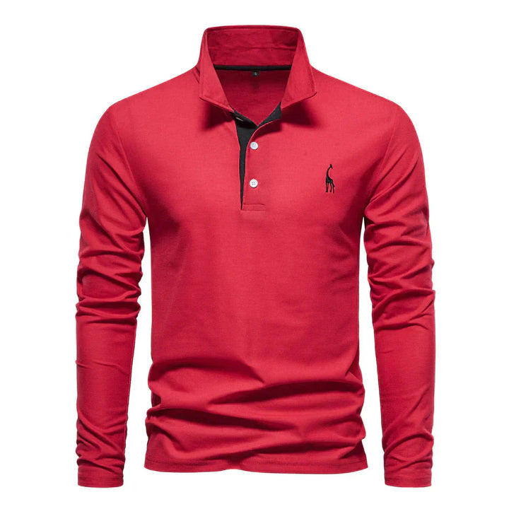 Maglia polo rossa a maniche lunghe con colletto, bottoni e logo ricamato. Elegante e casual, ideale per moda uomo autunno inverno.