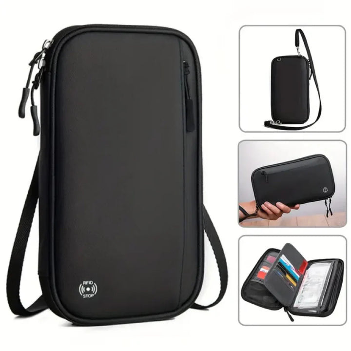Custodia nera antifurto RFID per passaporto e carte, con tracolla regolabile. Design compatto, ideale per viaggi sicuri e organizzati.