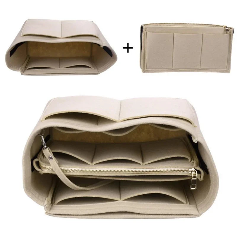 Organizzatore borsa beige in feltro con tasche multiple e cerniera, ideale per borse grandi, accessorio versatile per organizzazione e praticità.