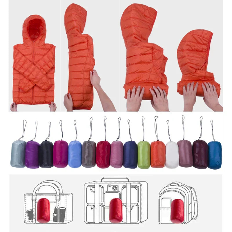 Giacca a vento arancione pieghevole, compatta e leggera, con custodia portatile. Disponibile in vari colori, ideale per viaggi e outdoor.