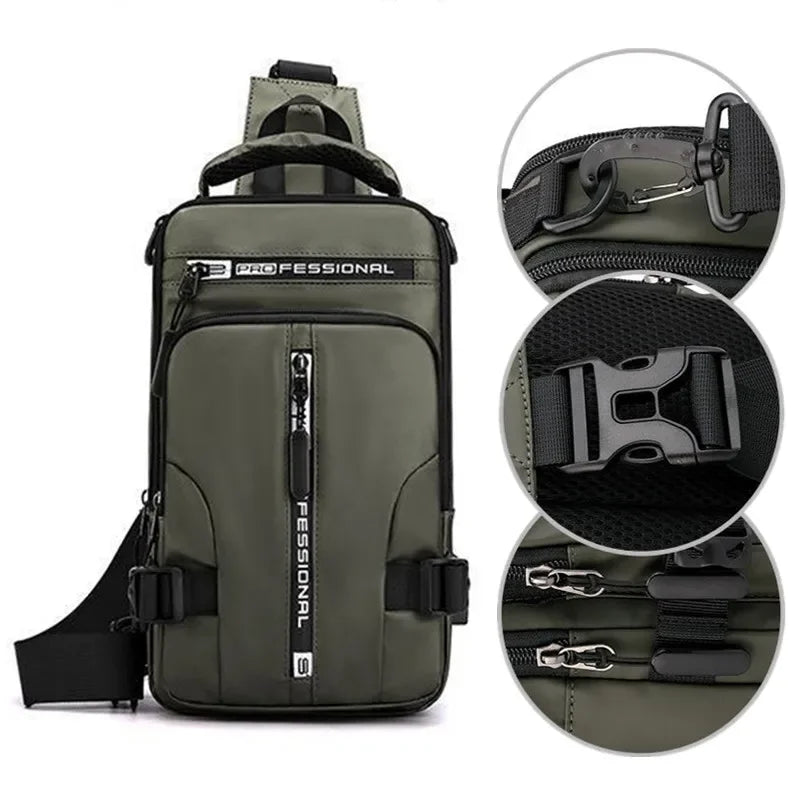 Zaino a tracolla verde militare con tasche multiple, cerniere robuste, fibbia di sicurezza e gancio in metallo. Design moderno e funzionale.