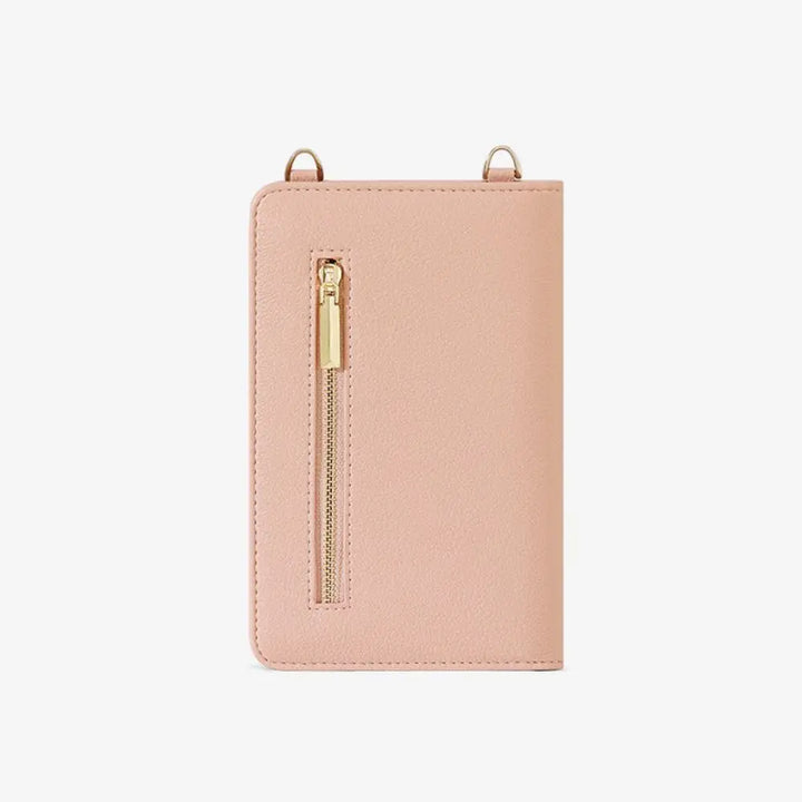 Portafoglio donna in pelle rosa con cerniera dorata, design elegante e compatto. Accessorio moda femminile, ideale per organizzare carte e contanti.
