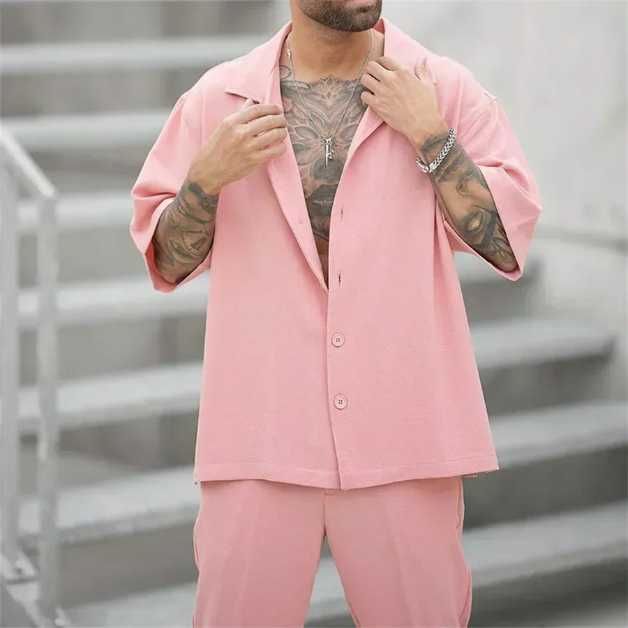 Completo Estivo Uomo Camicia Cotone Pantaloni Dritti
