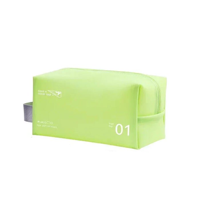 Astuccio da viaggio verde lime con cerniera, design rettangolare, manico laterale grigio, ideale per organizzare accessori e cosmetici.