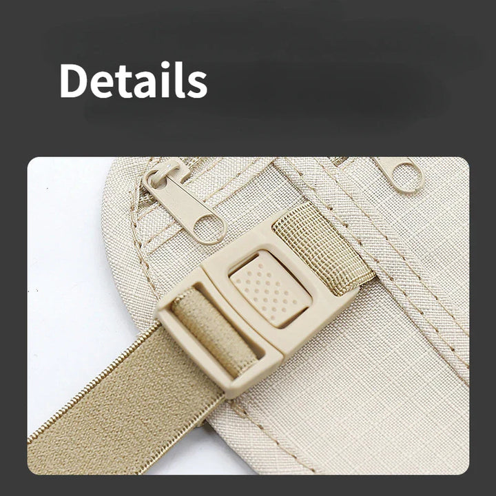 Cintura beige con fibbia regolabile e tasca con cerniera, dettagli in tessuto resistente. Accessorio moda pratico e versatile per uomo e donna.
