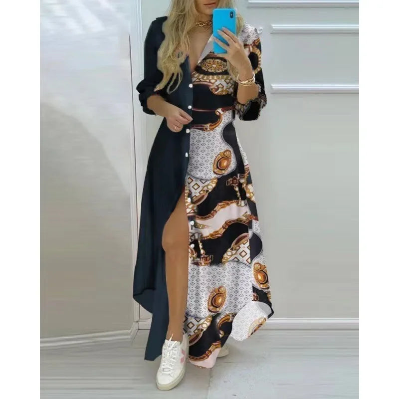 Abito lungo donna a fantasia, con bottoni e spacco laterale, indossato con sneakers bianche. Stile elegante e casual, perfetto per moda femminile.