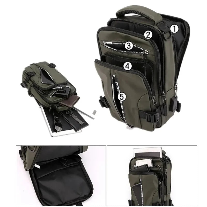 Zaino multifunzionale verde militare con tasche multiple, scomparti per laptop e tablet, design ergonomico, ideale per viaggio e lavoro.