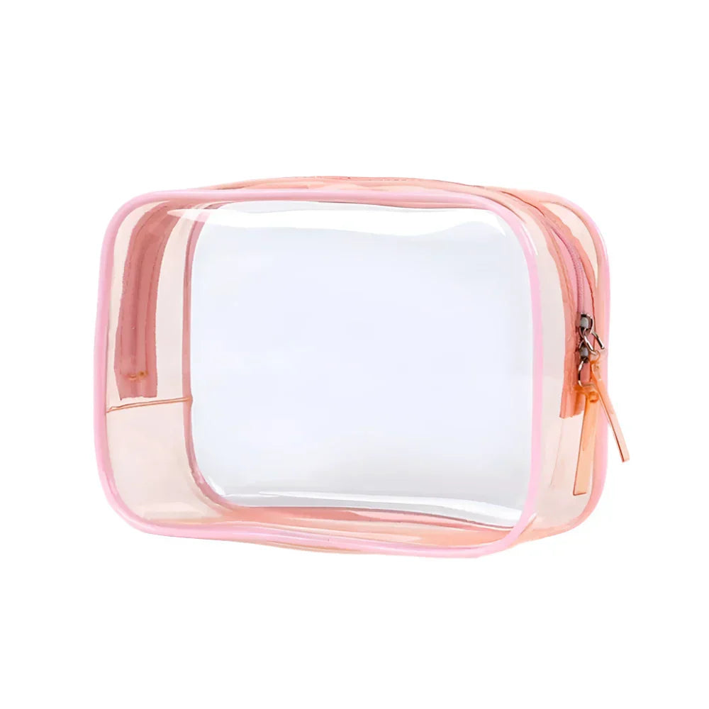 Trasparente borsa da toilette in PVC con cerniera rosa, ideale per viaggi, organizzazione cosmetici, resistente all'acqua, dimensioni compatte.