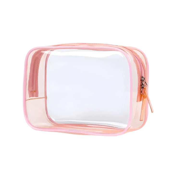 Trasparente borsa da toilette in PVC con cerniera rosa, ideale per viaggi, organizzazione cosmetici, resistente all'acqua, dimensioni compatte.