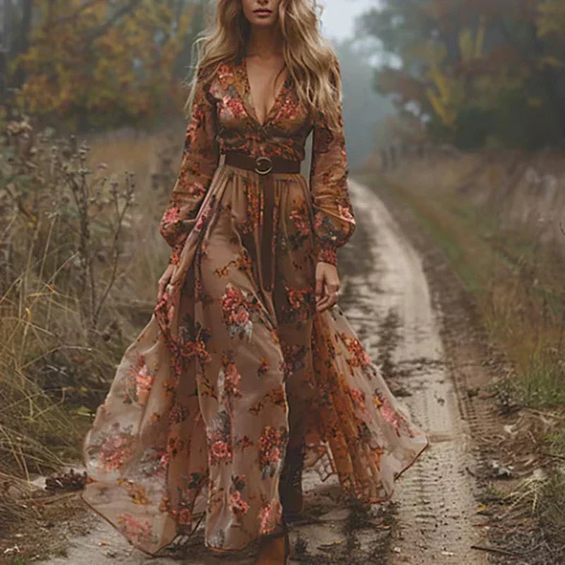 Abito lungo Donna Stampa floreale Taglio fluido Maniche lunghe Gonna - Vesarelli
