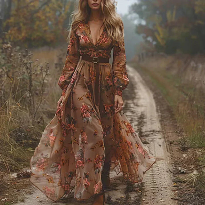 Abito lungo Donna Stampa floreale Taglio fluido Maniche lunghe Gonna - Vesarelli