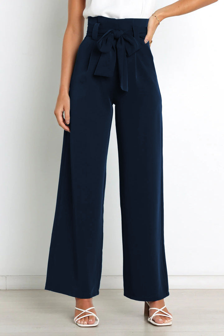 Pantaloni Donna Vita Alta Larga con Cintura a Nastro