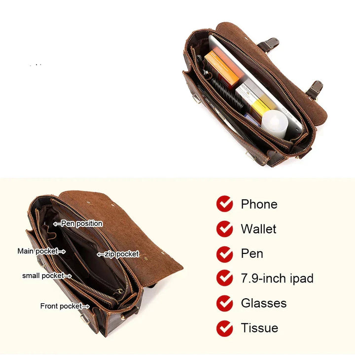Borsa a tracolla in pelle marrone con scomparti multipli, adatta per telefono, portafoglio, penna, iPad 7,9 pollici, occhiali e fazzoletti.