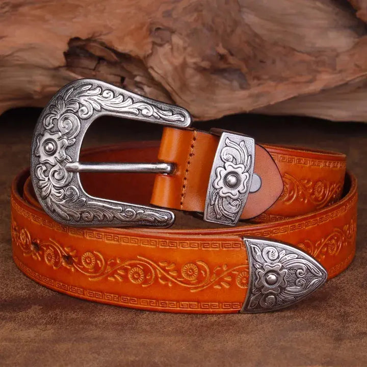 Cintura Uomo in Pelle Stile Western Fibbia Incisa Classica