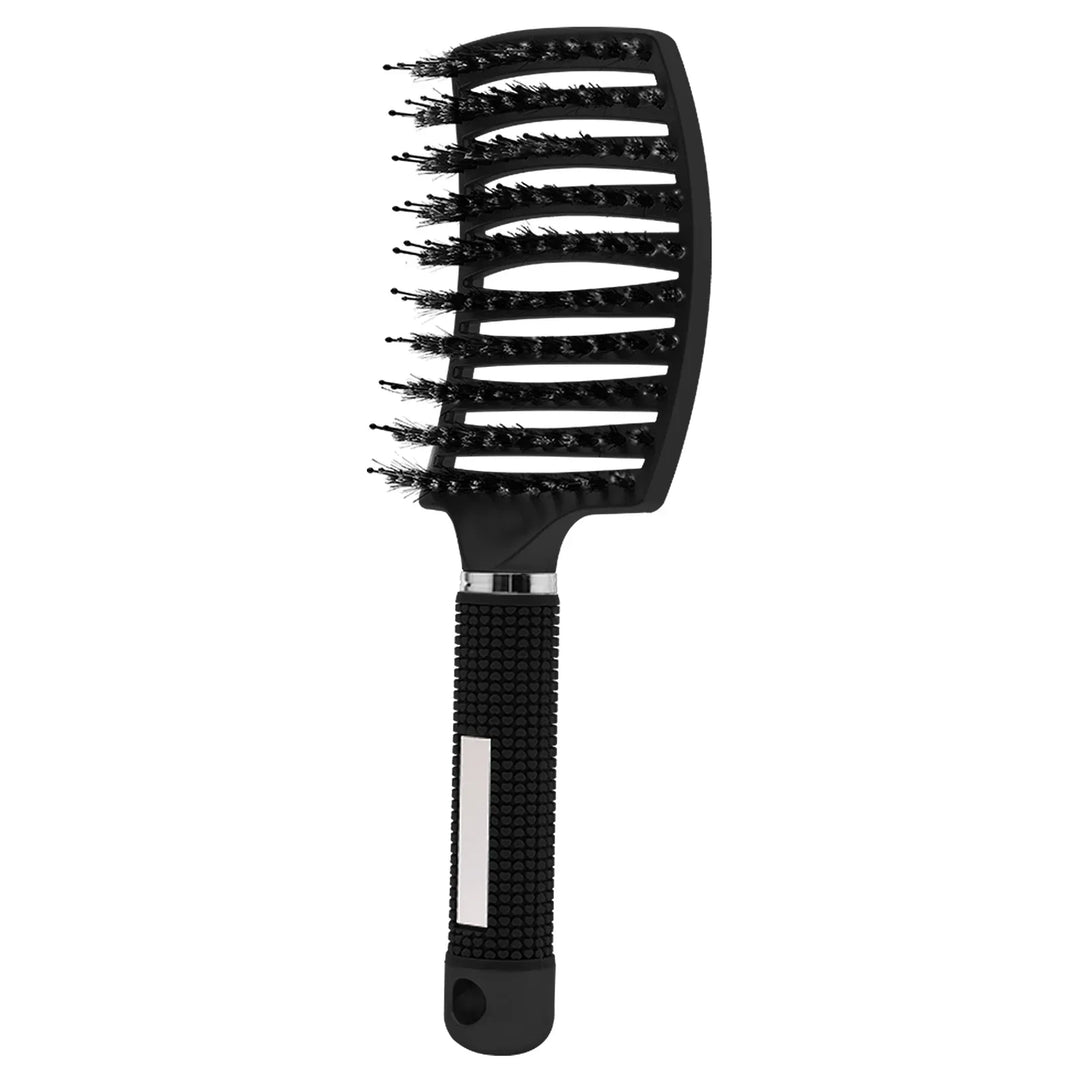 Spazzola per capelli nera con setole curve e manico ergonomico antiscivolo, ideale per districare e volumizzare. Accessorio styling professionale.