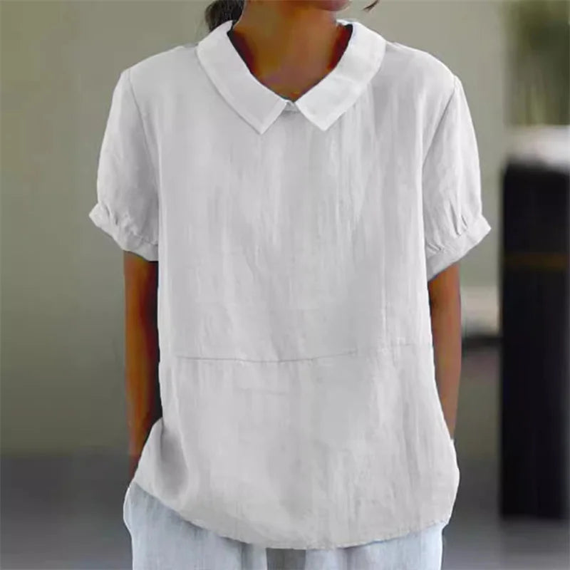 Camicia bianca da donna in lino, maniche corte, colletto classico, stile casual elegante, perfetta per look estivi e primaverili.