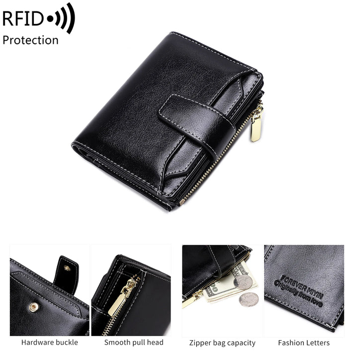 Portafoglio in pelle nera con protezione RFID, chiusura hardware, cerniera, tasche multiple, design elegante. Accessorio moda uomo/donna.