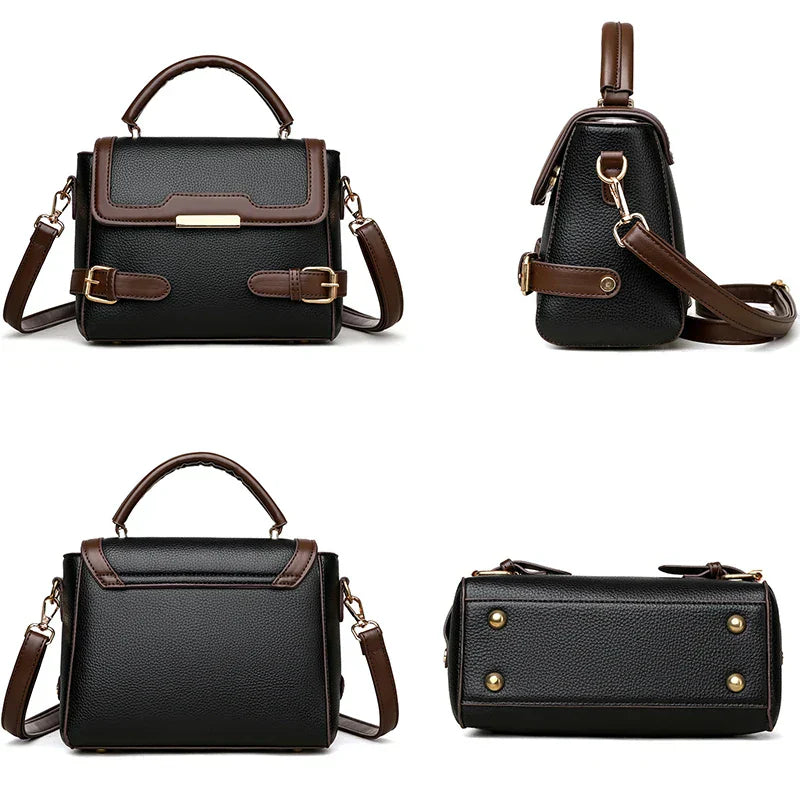 Borsa a tracolla in pelle nera e marrone, design elegante, chiusura a fibbia, manico superiore, dettagli dorati, ideale per moda femminile.