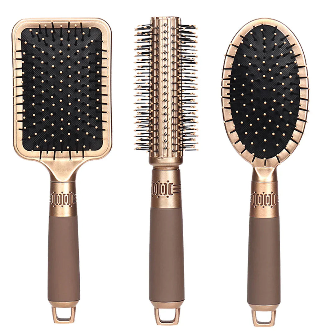 Set di spazzole per capelli dorate, include spazzola piatta, spazzola rotonda e spazzola ovale, manico ergonomico, set styling professionale.