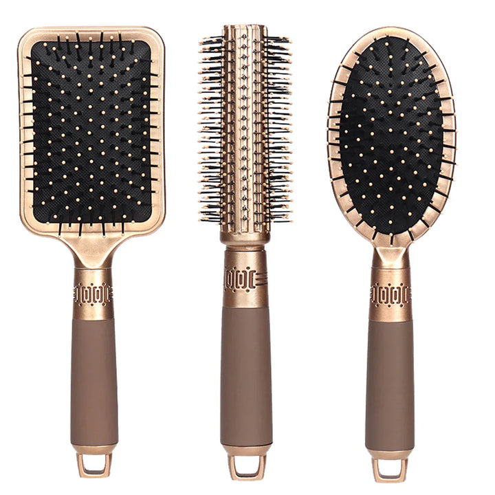 Set di spazzole per capelli dorate, include spazzola piatta, spazzola rotonda e spazzola ovale, manico ergonomico, set styling professionale.